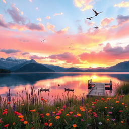 A stunning landscape featuring a serene lake surrounded by majestic mountains, reflecting the colorful sunset in the water