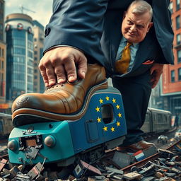 A giant man dressed in a tailored suit is crushing a train with his shoe, symbolizing the European Union