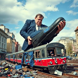 A giant man dressed in a tailored suit is crushing a train with his shoe, symbolizing the European Union