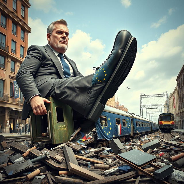 A giant man dressed in a tailored suit is crushing a train with his shoe, symbolizing the European Union