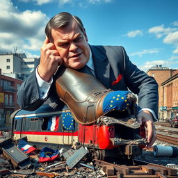 A giant man dressed in a tailored suit is crushing a train with his shoe, symbolizing the European Union