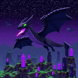 A majestic and fearsome Ender Dragon from the popular game Minecraft, soaring through a vividly detailed blocky landscape