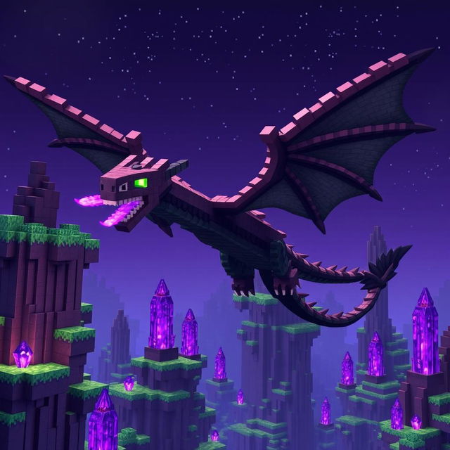 A majestic and fearsome Ender Dragon from the popular game Minecraft, soaring through a vividly detailed blocky landscape