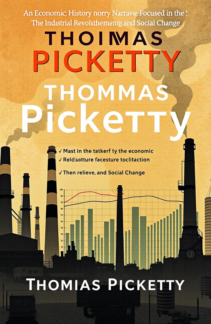 A captivating book cover for an economic history narrative focused on the Industrial Revolution, featuring thematic elements representing economic growth, technological advancement, and social change
