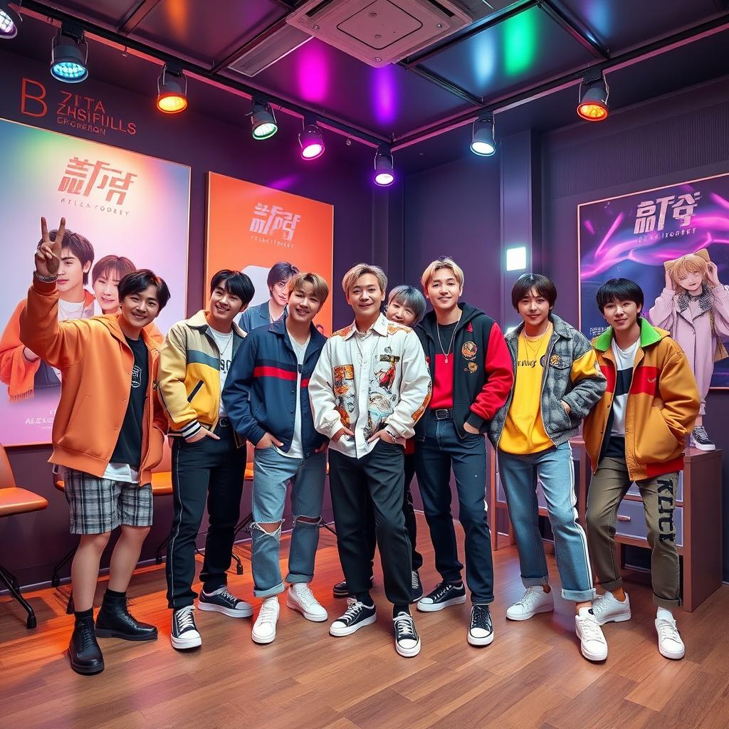 A vibrant and energetic scene featuring the members of BTS in a stylish studio setting, each member showcasing their unique fashion styles that blend modern streetwear with traditional Korean elements