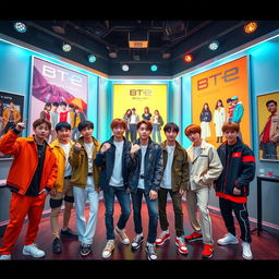 A vibrant and energetic scene featuring the members of BTS in a stylish studio setting, each member showcasing their unique fashion styles that blend modern streetwear with traditional Korean elements