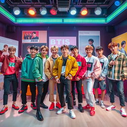 A vibrant and energetic scene featuring the members of BTS in a stylish studio setting, each member showcasing their unique fashion styles that blend modern streetwear with traditional Korean elements