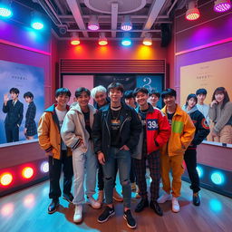 A vibrant and energetic scene featuring the members of BTS in a stylish studio setting, each member showcasing their unique fashion styles that blend modern streetwear with traditional Korean elements