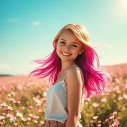 A beautiful girl with flowing, vibrant hair, smiling joyfully