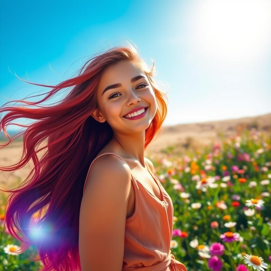 A beautiful girl with flowing, vibrant hair, smiling joyfully