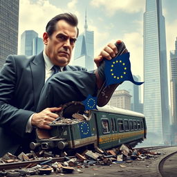A giant man in a tailored suit is crushing a train with his foot, symbolizing the European Union