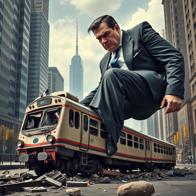 A giant man in a tailored suit is crushing a train with his foot, symbolizing the European Union