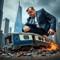A giant man in a tailored suit is crushing a train with his foot, symbolizing the European Union