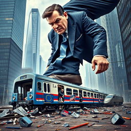 A giant man in a tailored suit is crushing a train with his foot, symbolizing the European Union