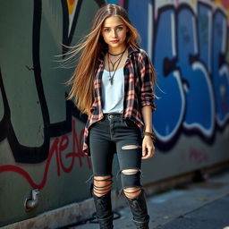 A beautiful girl with long flowing hair, wearing grunge style clothes that include a loose plaid shirt, ripped black jeans, and a pair of chunky combat boots