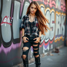 A beautiful girl with long flowing hair, wearing grunge style clothes that include a loose plaid shirt, ripped black jeans, and a pair of chunky combat boots