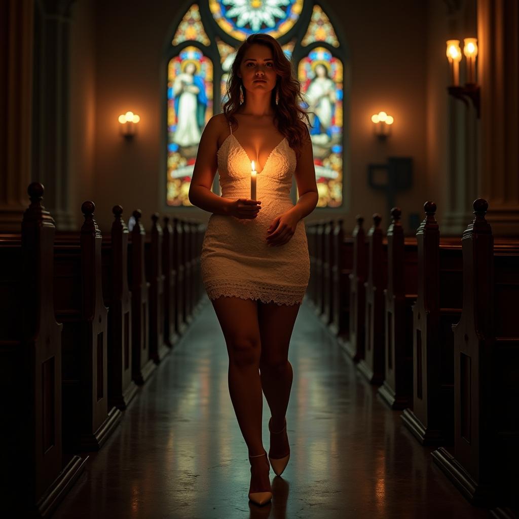 A beautiful young bride walking towards the viewer in a dimly lit church, holding a candle that casts a soft, warm glow