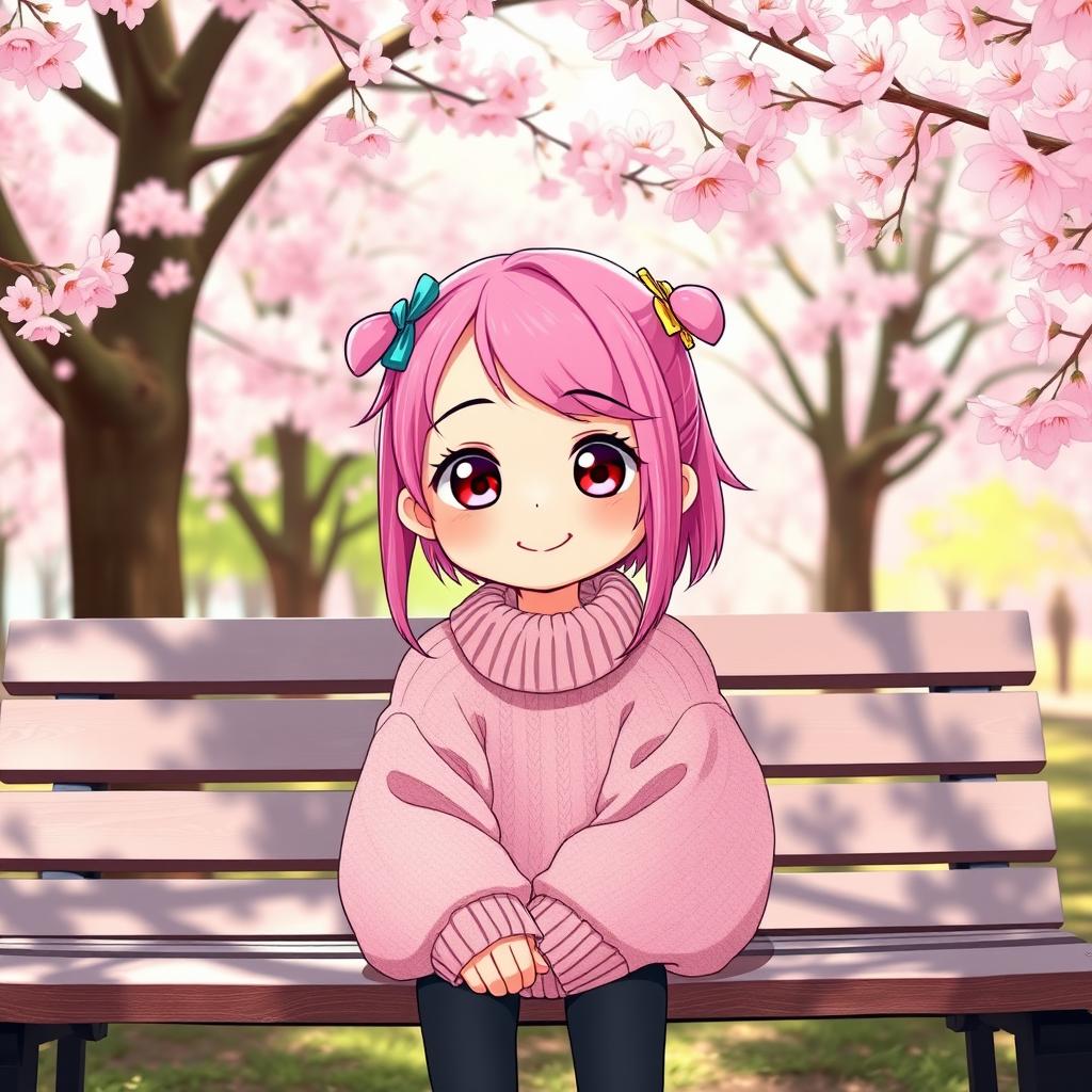 A cute girl with vibrant pink hair, wearing a cozy oversized sweater, sitting on a park bench surrounded by blooming cherry blossom trees