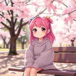 A cute girl with vibrant pink hair, wearing a cozy oversized sweater, sitting on a park bench surrounded by blooming cherry blossom trees