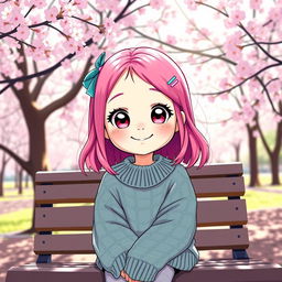 A cute girl with vibrant pink hair, wearing a cozy oversized sweater, sitting on a park bench surrounded by blooming cherry blossom trees