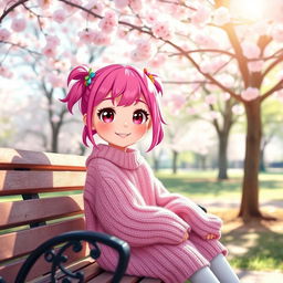 A cute girl with vibrant pink hair, wearing a cozy oversized sweater, sitting on a park bench surrounded by blooming cherry blossom trees