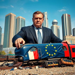 A giant man in a suit stands imposing over a crushed train, symbolizing the European Union, with his foot pressing down on the engine