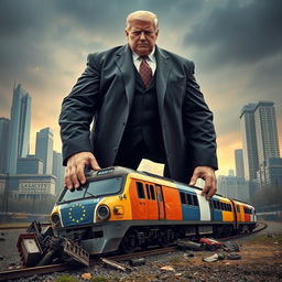 A giant man in a suit stands imposing over a crushed train, symbolizing the European Union, with his foot pressing down on the engine