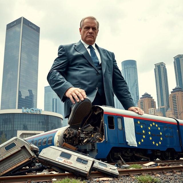 A giant man in a suit stands imposing over a crushed train, symbolizing the European Union, with his foot pressing down on the engine