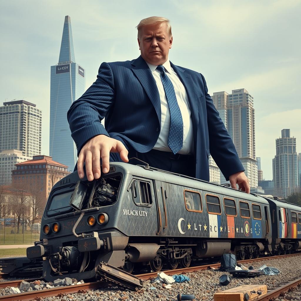 A giant man in a suit stands imposing over a crushed train, symbolizing the European Union, with his foot pressing down on the engine