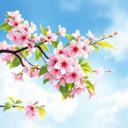 A beautiful watercolor painting of a cherry blossom tree in full bloom, showcasing delicate pink flowers and lush green leaves
