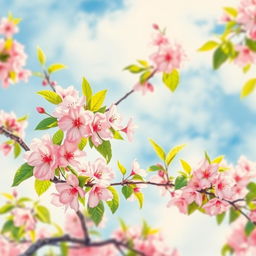 A beautiful watercolor painting of a cherry blossom tree in full bloom, showcasing delicate pink flowers and lush green leaves