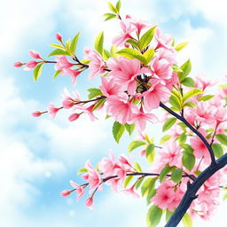 A beautiful watercolor painting of a cherry blossom tree in full bloom, showcasing delicate pink flowers and lush green leaves