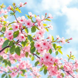 A beautiful watercolor painting of a cherry blossom tree in full bloom, showcasing delicate pink flowers and lush green leaves