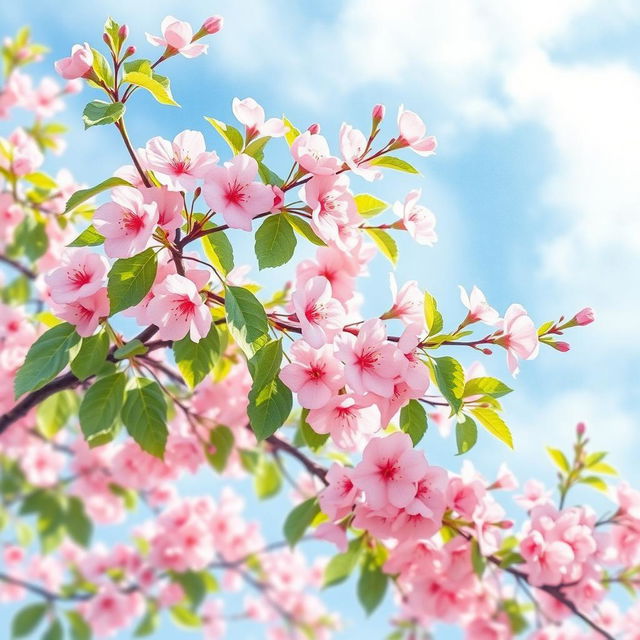 A beautiful watercolor painting of a cherry blossom tree in full bloom, showcasing delicate pink flowers and lush green leaves