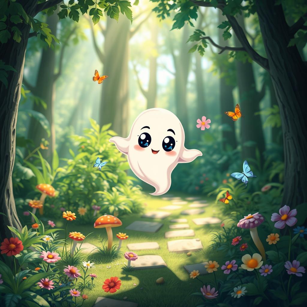 A cute, cartoonish ghost with a friendly expression, floating in the middle of a lush green forest