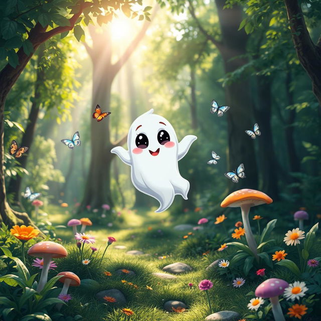 A cute, cartoonish ghost with a friendly expression, floating in the middle of a lush green forest