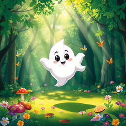 A cute, cartoonish ghost with a friendly expression, floating in the middle of a lush green forest