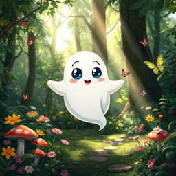A cute, cartoonish ghost with a friendly expression, floating in the middle of a lush green forest