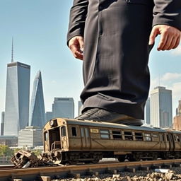 A powerful giant in a tailored suit stands towering over a broken train, symbolizing the European Union