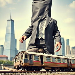 A powerful giant in a tailored suit stands towering over a broken train, symbolizing the European Union