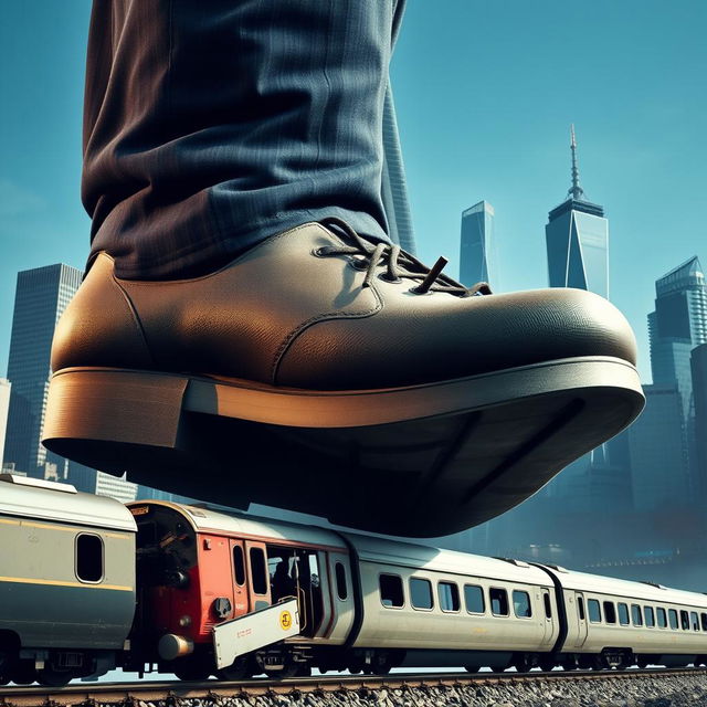 A powerful giant in a tailored suit stands towering over a broken train, symbolizing the European Union