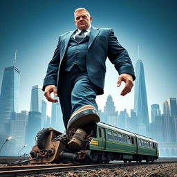 A powerful giant in a tailored suit stands towering over a broken train, symbolizing the European Union