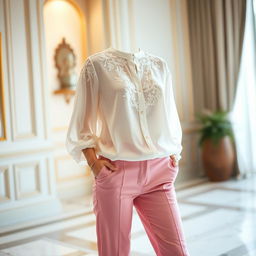 A stunning elegant blouse made of sheer white silk fabric, paired with straight-leg pink trousers