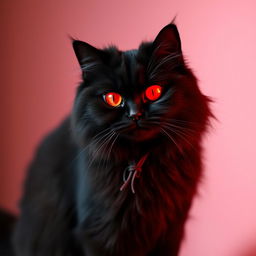 A striking black Persian cat with vibrant red eyes resembling the glow of red xenon lights
