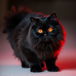 A striking black Persian cat with vibrant red eyes resembling the glow of red xenon lights