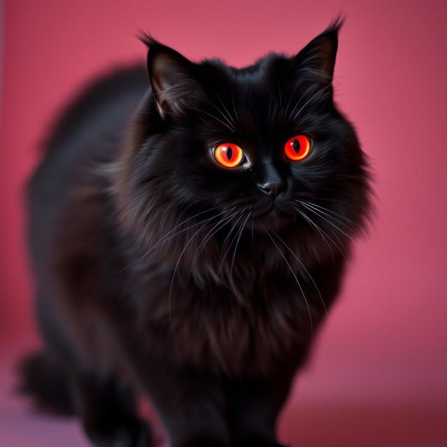 A striking black Persian cat with vibrant red eyes resembling the glow of red xenon lights