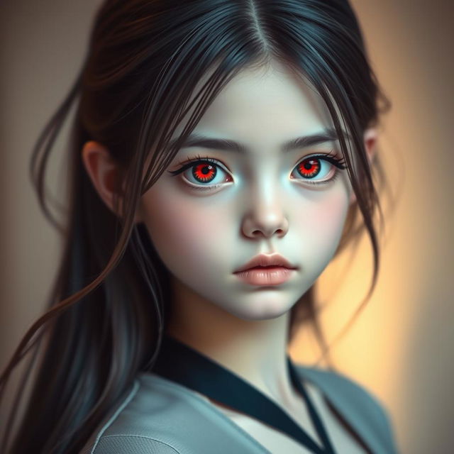 A portrait of a girl with vibrant red eyes, showcasing her unique and striking appearance