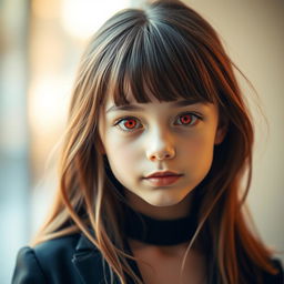 A portrait of a girl with vibrant red eyes, showcasing her unique and striking appearance