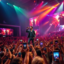 A vibrant scene of a massive concert where a very famous singer is performing on stage