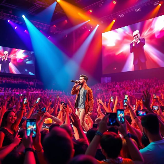 A vibrant scene of a massive concert where a very famous singer is performing on stage